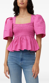 PINK SHIRRED PEPLUM BLOUSE